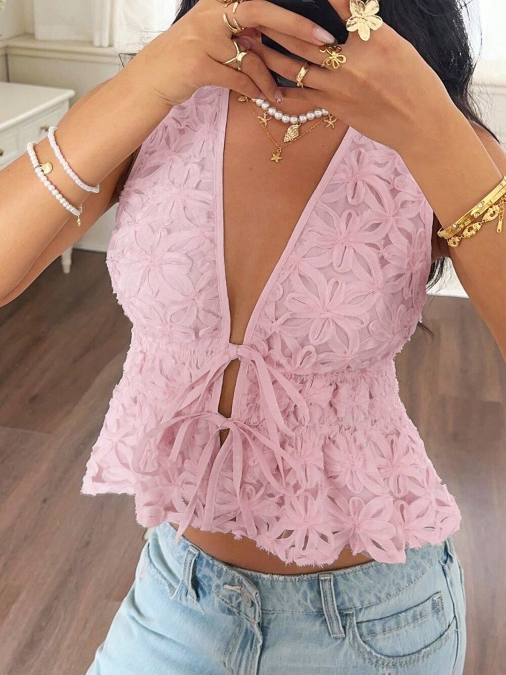 Pink Casual Women's Deep V-Neck Tie Front Versatile Top